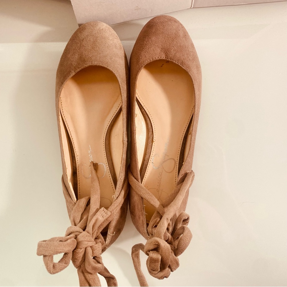 Jessica Simpson Tan Suede Ballet Flats Size 61/2M Straps Comfy Round Toe Ballet - Picture 7 of 12